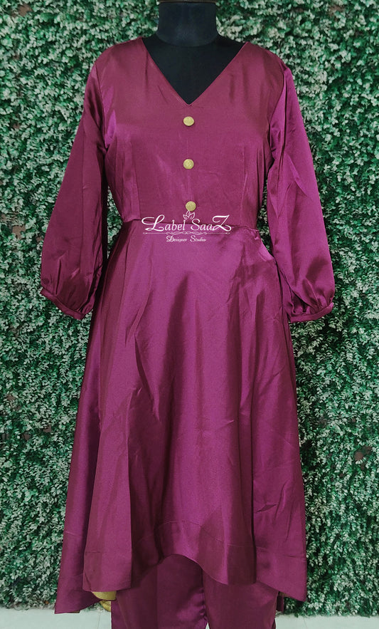 Purple Baloon Sleeve Kurta with Pant Set and Dupatta