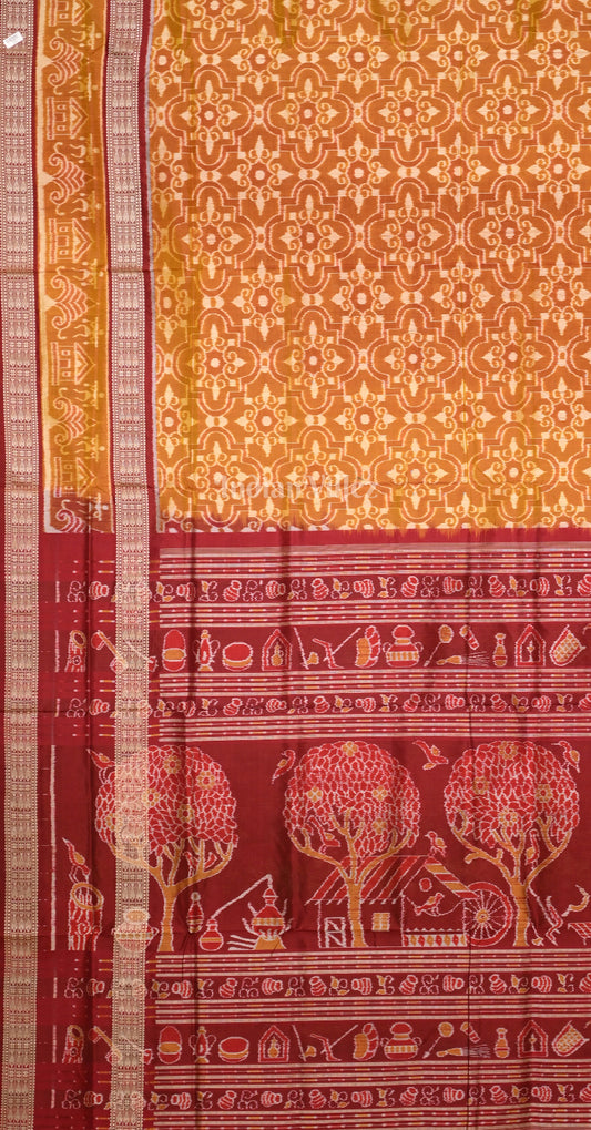 Mustard Yellow Maroon Odisha Ikat Sambalpuri Silk Saree with Tribal Anchal