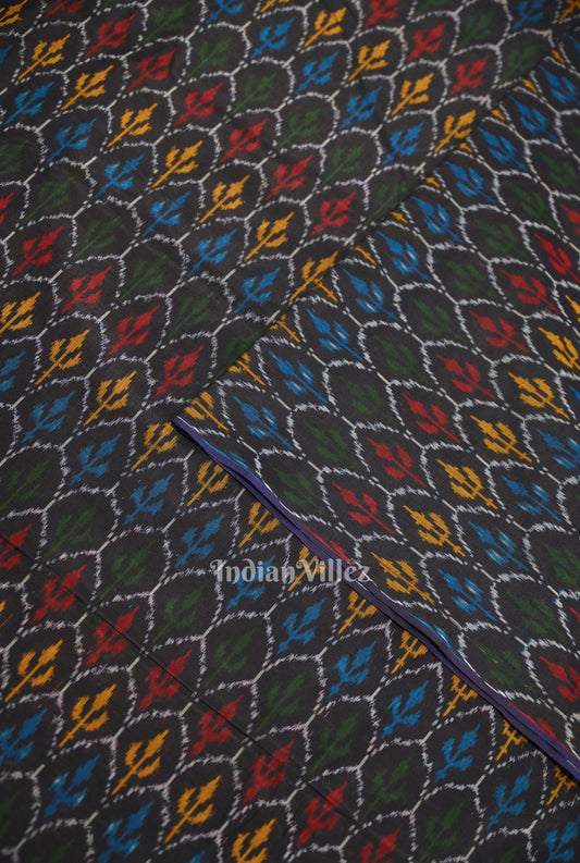 Black Tribal Motif Pochampally Ikat Silk & Cotton (Sico) Fabric