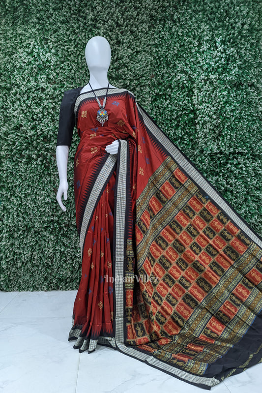 Maroon Mushroom Design Sambalpuri Ikat Bomkai Silk Saree