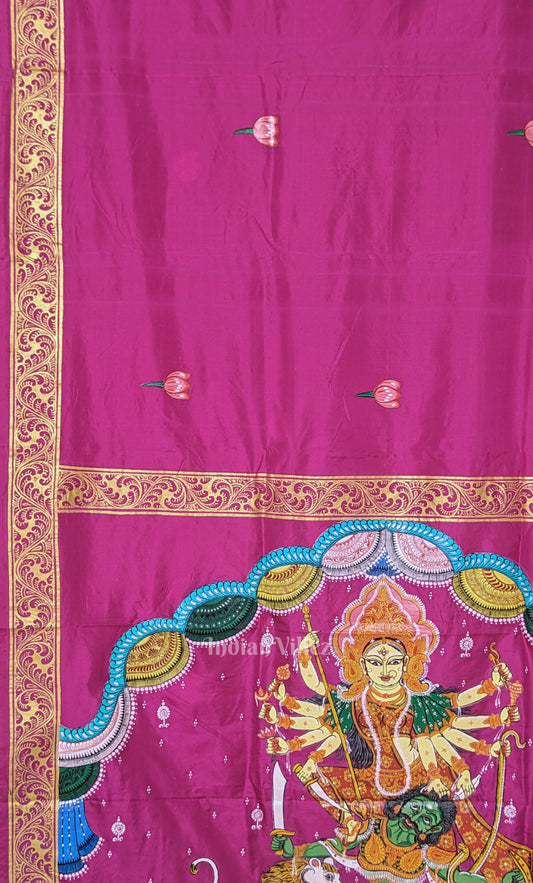 Magenta Pink Durga Puja Theme Hand-Painted Pattachitra Saree
