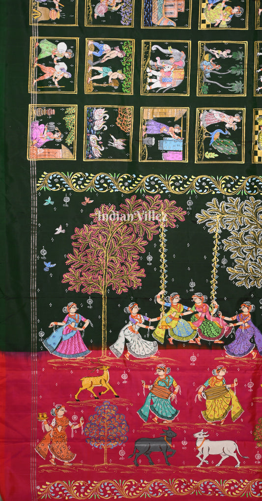 Green Pink Krishna Raas Village Theme Hand- Painted Pattachitra Saree