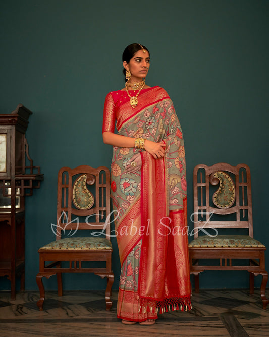 Light Brown Kalamkari Print on Kanjivaram Silk