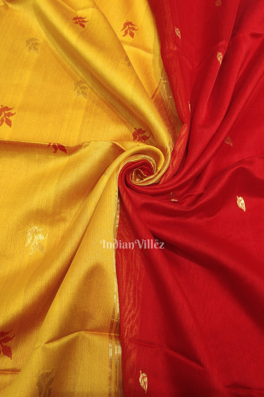 Deep Red Yellow Pure Silk Cotton Maheshwari Saree