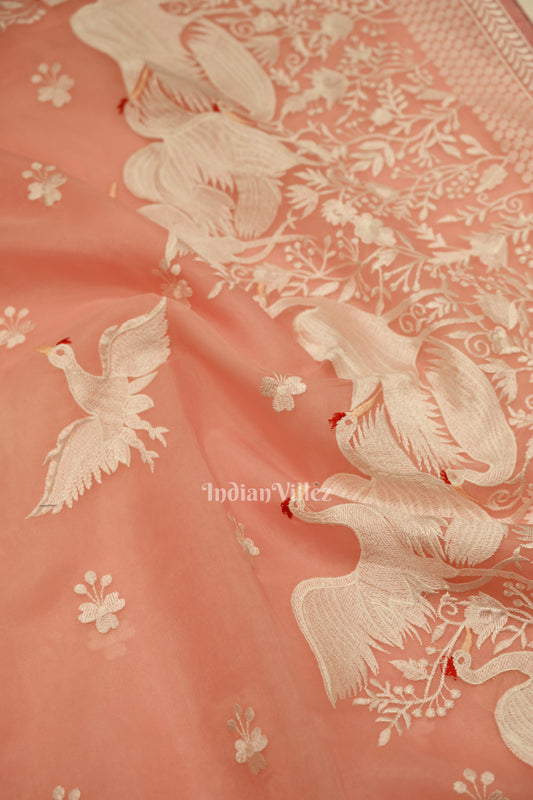 Baby Pink Parsi Gara Floral Motif Hand Embroidered Saree