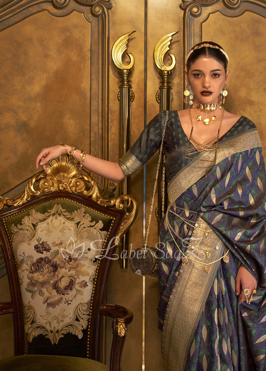 Navy Blue Zari Banarasi Satin Silk Saree