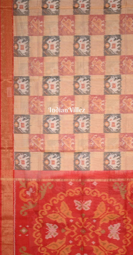 Beige Red Pochampally Ikat (Sico) Saree