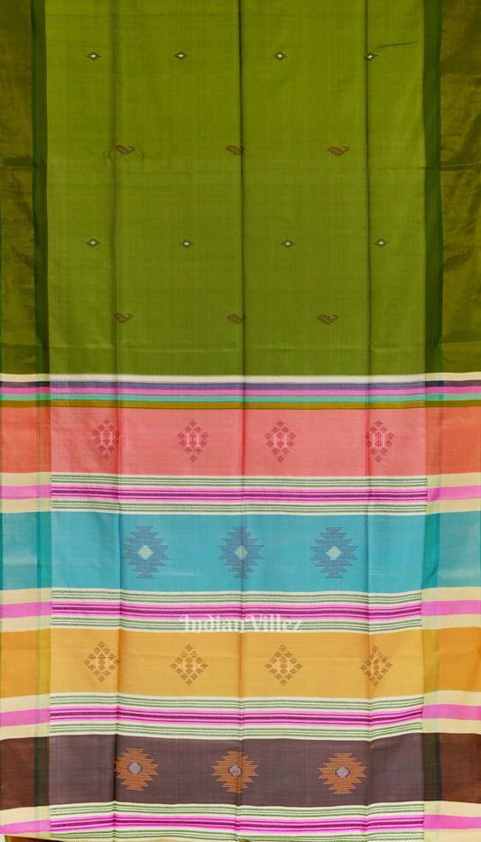 Parrot Green with Multicolor Pure Bishnupuri Double Pallu Silk Saree