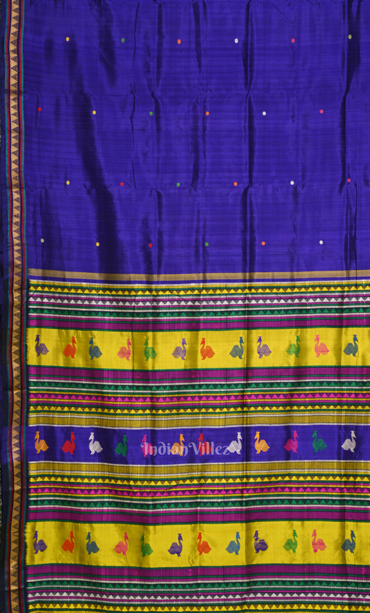 Blue Yellow Odisha Ikat Contemporary Silk Saree with Dongaria Anchal