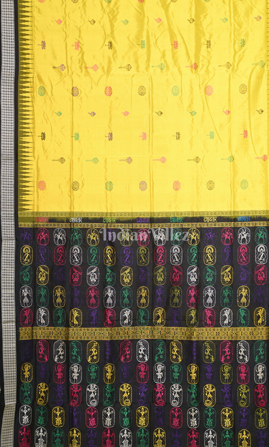 Yellow Black Odisha Ikat Bomkai Sambalpuri Silk Saree with Dasabatara Anchal