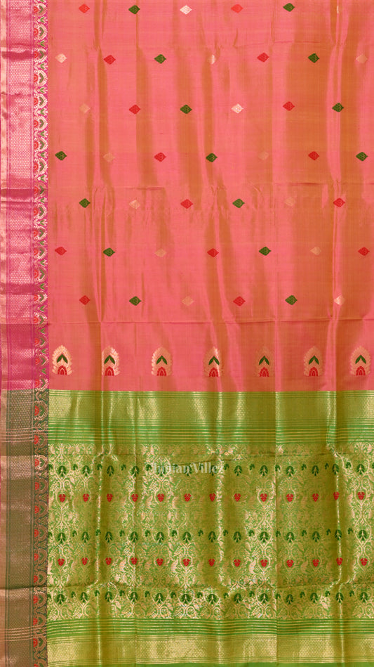 Pink Green Dual Tone Handwoven Baluchari Silk Saree