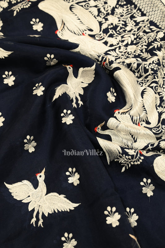 Navy Blue Parsi Gara Floral Motif Hand Embroidered Saree