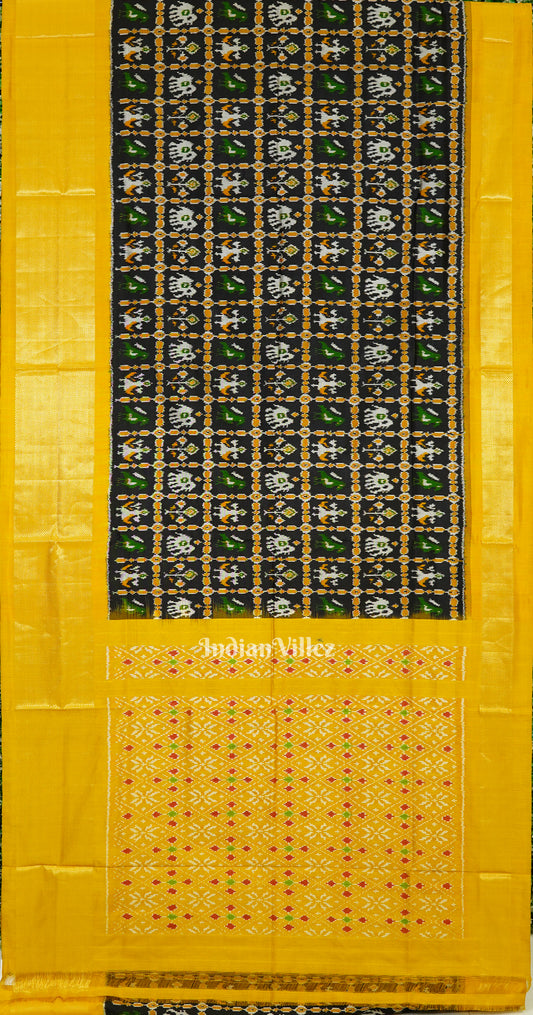 Black Yellow Nature Wildlife Design Pochampally Ikat Silk Saree