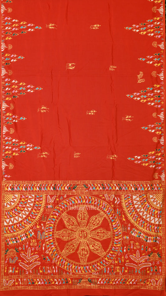 Fine & Elegant Orange Tribal Theme Hand-Painted Pattachitra Saree