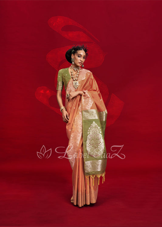 Orange Tussar Silk Handloom Weaving Silk Saree