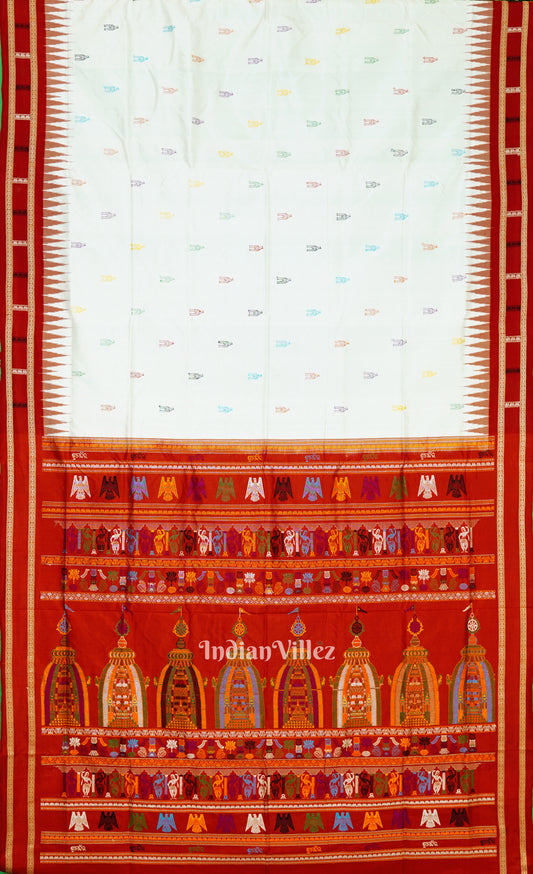 White Red Shree Mandir Theme Sambalpuri Ikat Silk Saree