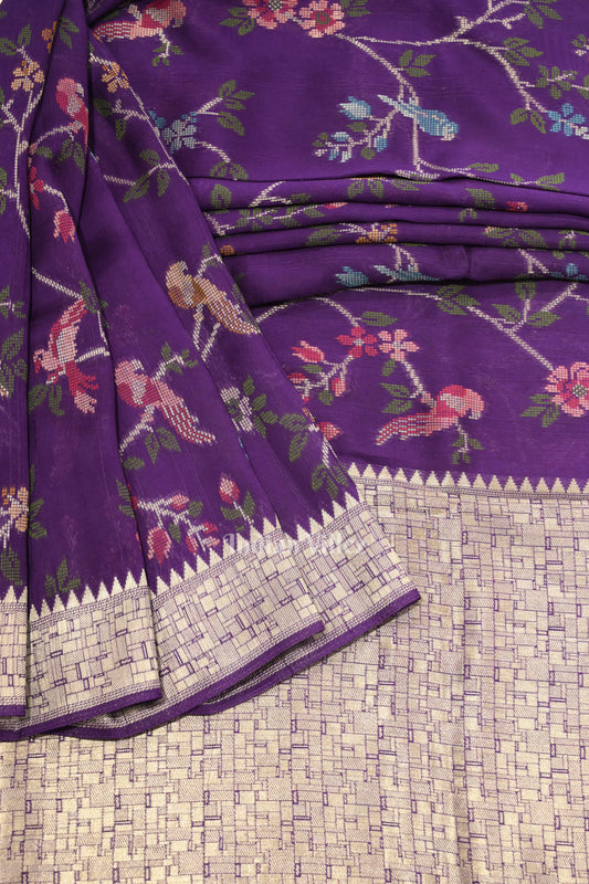 Violet Tussar with Silver Border Banarasi Silk Saree with Tassels