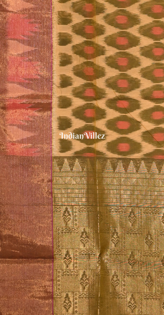 Beige Olive Green Red Pochampally Ikat (Sico) Saree