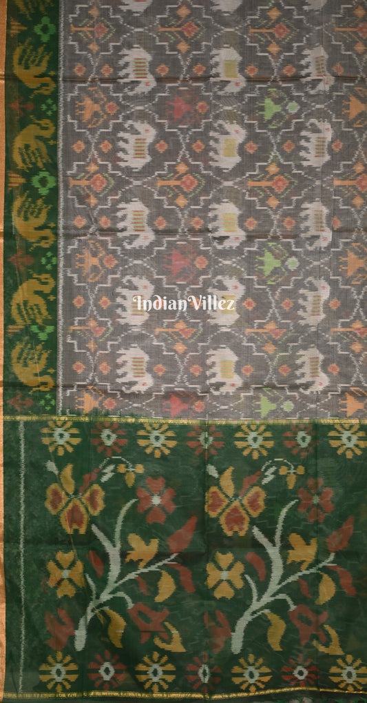 Grey Green Animal Pochampally Ikat Silk Cotton (Sico) Saree