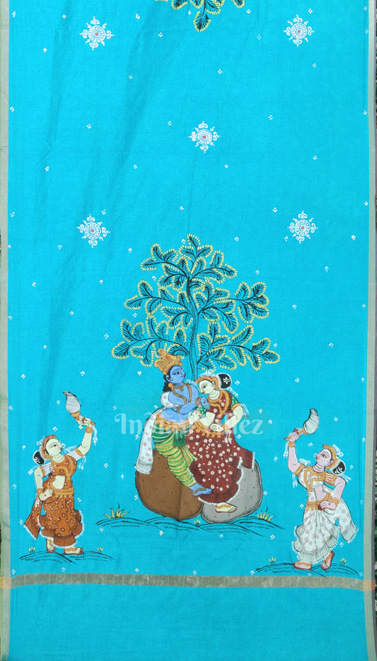 Aqua Blue Krishna Raasleela Pattachitra Chanderi Dupatta