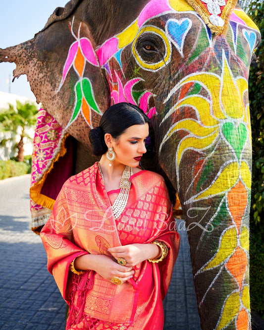 Chery Red Royal Jacquard Tissue Banarasi Self Weaving with all over body work