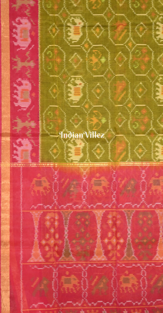 Mehendi Green Pink Pochampally Ikat (Sico) Saree