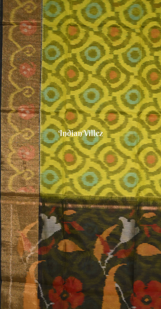 Olive Green with Multicolor Floral Border Pochampally Ikat Silk Cotton (Sico) Saree