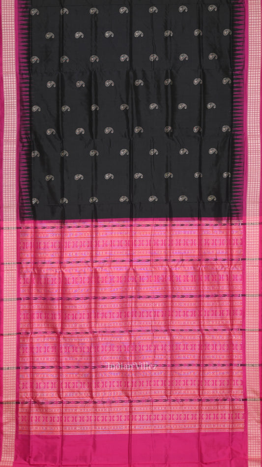 Dark Black Rani Pink Mango with Butta Design Bomkai Sambalpuri Silk Saree