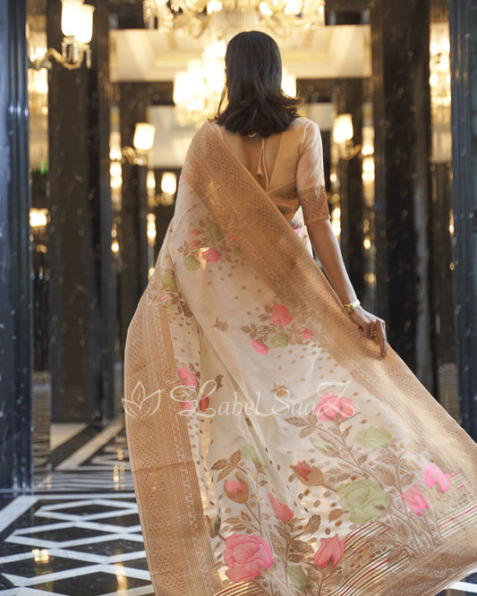 Beige Floral Handwoven Linen Saree