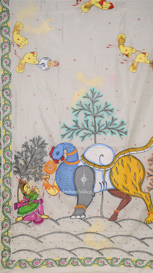 White Arjuna Bows to Navagunjara Hand-Painted Pattachitra Saree