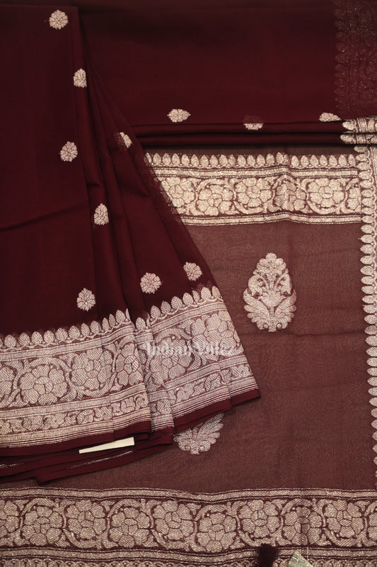 Wine Purple Pure Khaddi Chiffon Banarasi Saree