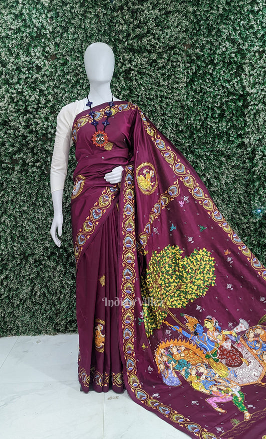 Magenta Pink Kandarpa Ashwa Hand-Painted Pattachitra Saree