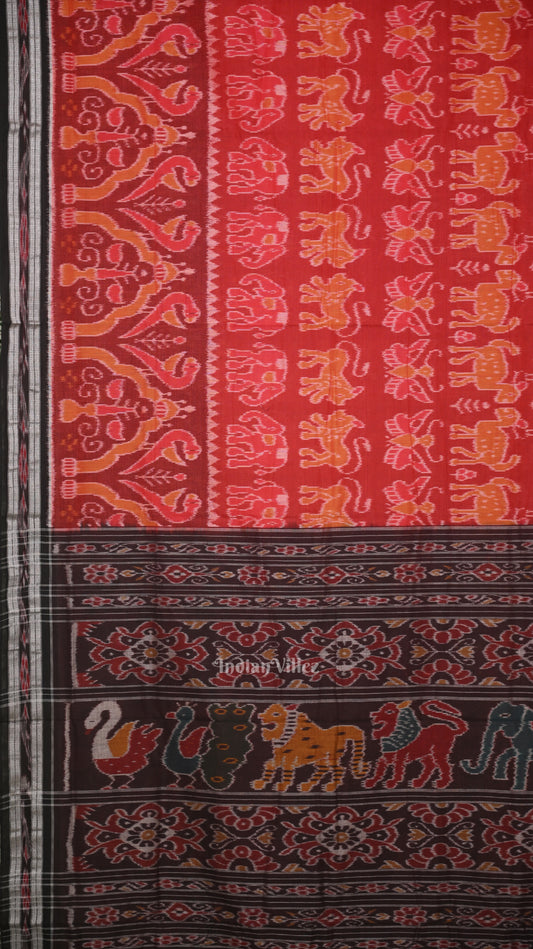 Red Black Jungle Theme Odisha Handloom Sambalpuri Ikat Cotton Saree