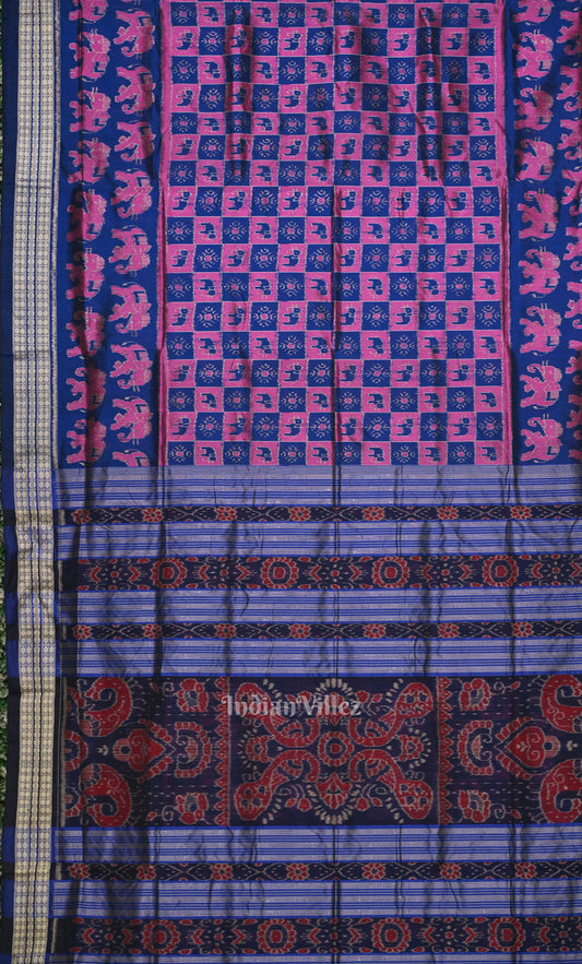 Pink Blue Animal Motif Odisha Ikat Sambalpuri Silk Saree