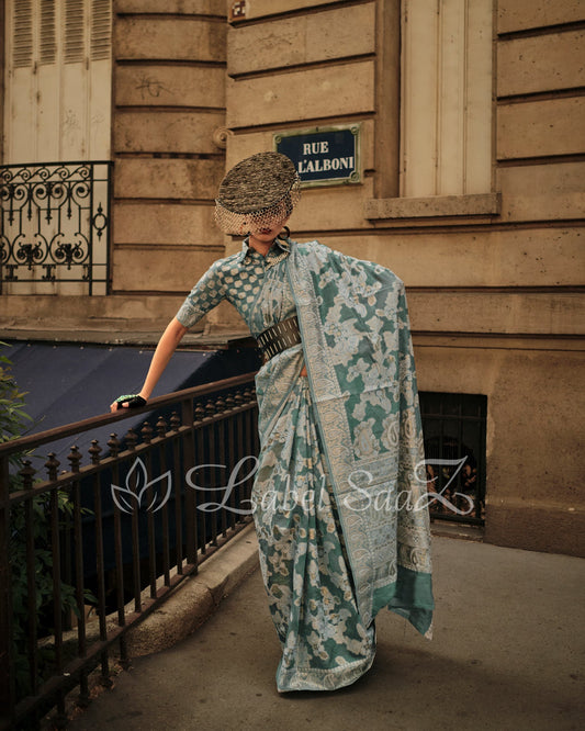 Aqua Blue Handwoven Pure Organza Silk Chikankaro Saree