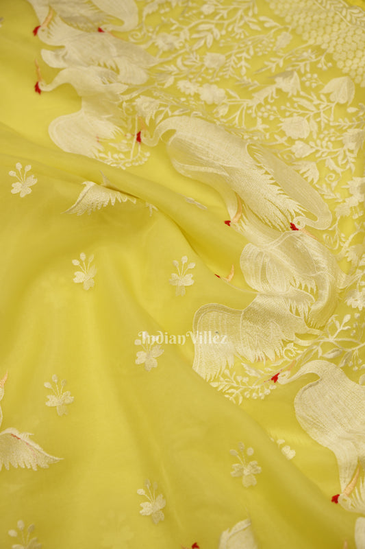 Lemon Yellow Parsi Gara Floral Motif Hand Embroidered Saree