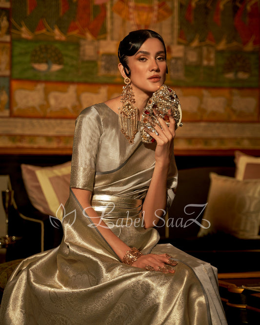 Grey Zari Base Tissue Banarasi Handloom Saree