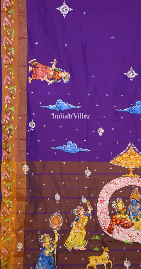Purple Brown Ardha Chandra Krishna Rasa Leela Hand-Painted Pattachitra Saree