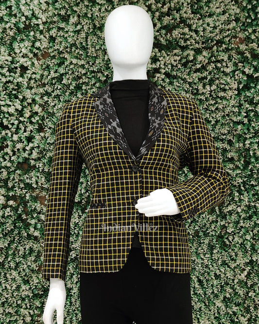 Black Yellow Kotpad Odisha Ikat Women's Designer Blazer