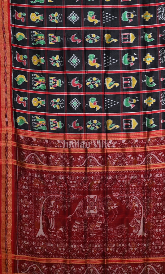 Black Maroon Nabakothi Odisha Ikat Khandua Silk Saree with Elephant Anchal