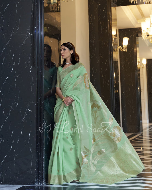 Mint Green Floral Handwoven Linen Saree