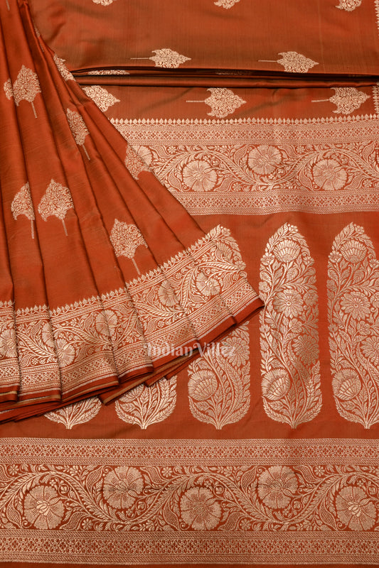 Brick Red Soft Pure Mashru Satin Silk Banarasi Saree