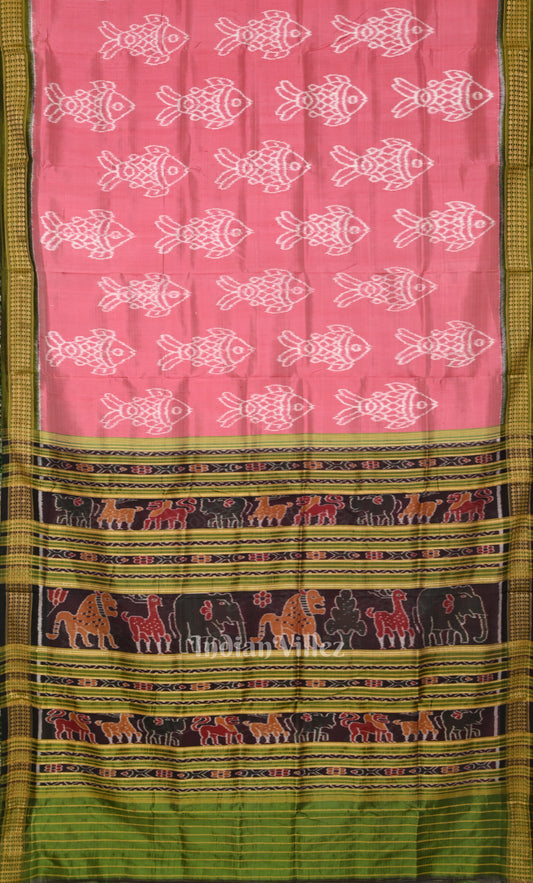 Pink Olive Green Fish Motif Odisha Ikat Khandua Silk Saree