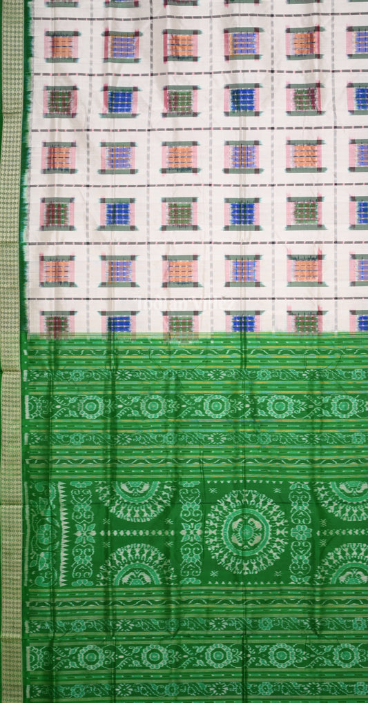 Exclusive Off white Green Ashwini Odisha Ikat Sambalpuri Silk Saree