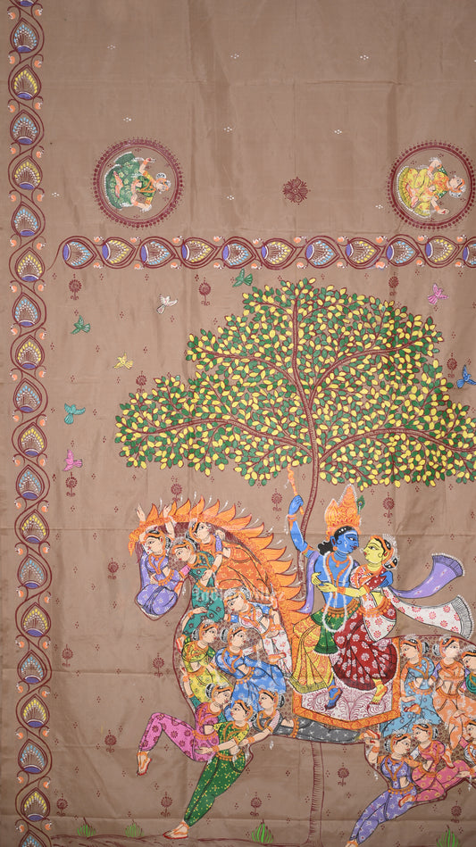 Beige Cream Kandarpa Ashwa Hand-Painted Pattachitra Saree