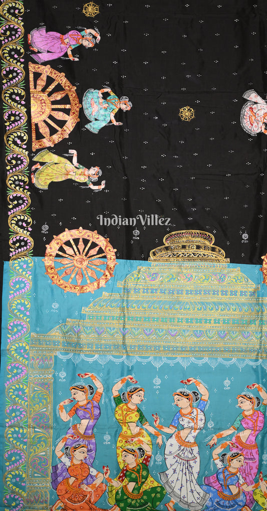 Black Sky Blue Nartaki Konark Temple Hand-Painted Pattachitra Saree