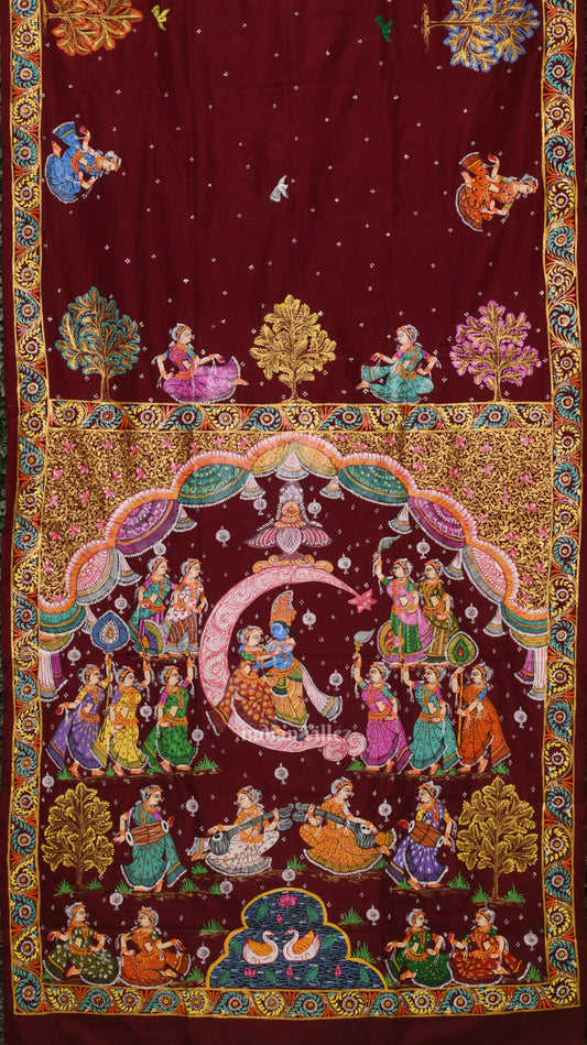 Maroon Ardha Chandra Krishna Rasa Leela Hand-Painted Pattachitra Saree(Pre-Order)