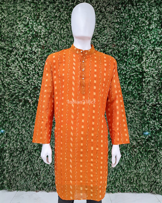 Orange Sambalpuri Ikat Cotton Long Kurta For Men