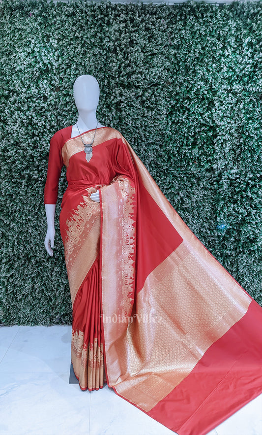 Red Handwoven Banarasi Katan Silk Saree with Kashi Ghat Weaves