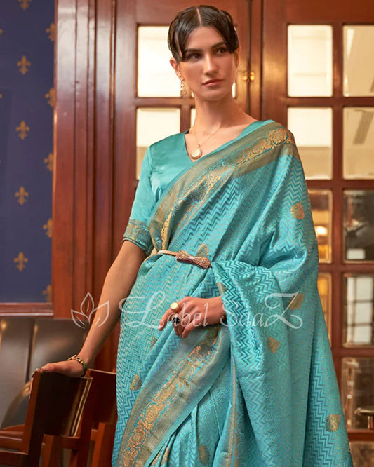 Rama Green Pure Satin Kanjivaram Silk Saree with Brocade Work
